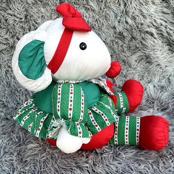 Vintage Nylon Holiday Decor Christmas Girl Miss Mouse Stuffed Animal Plush Puffy - Picture 8 of 11